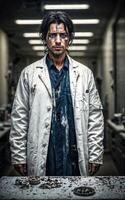 verrückt Forscher Wissenschaftler im schmutzig Weiß Labor Mantel beim schmutzig unordentlich Labor Zimmer, generativ ai foto