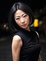 Porträt von schön asiatisch Frau im beiläufig Outfit beim Nacht, generativ ai foto