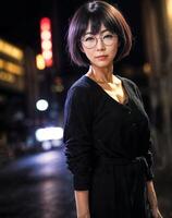 Porträt von schön asiatisch Frau im beiläufig Outfit beim Nacht, generativ ai foto