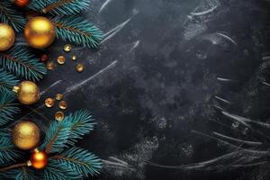 Weihnachten Dekoration, Weihnachten Beleuchtung mit Tanne Geäst auf ein schwarz texturiert Hintergrund. generativ ai foto