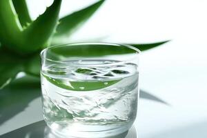 Glas Krug von Aloe vera Saft und frisch Aloe vera Blätter. generativ ai foto