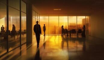 ein verschwommen Bild von Geschäft Menschen im ein Büro, Silhouette Zahlen. generativ ai foto
