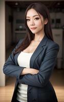 asiatisch Frau tragen Trend Mantel, generativ ai foto