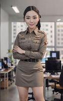 Porträt von schön thailändisch asiatisch Polizei Frau tragen Uniform, generativ ai foto