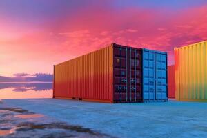 Container Häfen mit Behälter und Schiffe im das Hintergrund. generativ ai foto