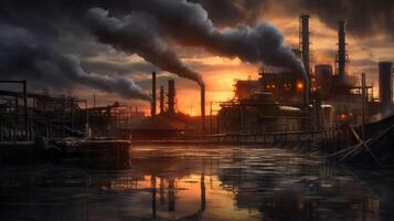 ein industriell Seite? ˅ beim Sonnenuntergang mit Wasser und Rauch. Foto Das zeichnet Beachtung zu Luft Verschmutzung. generativ ai