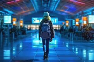 ein Frau Gehen im ein Flughafen mit ein Rucksack. zurück Aussicht Foto. generativ ai foto