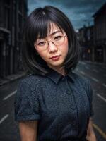 Porträt von schön asiatisch Frau im beiläufig Outfit beim Nacht, generativ ai foto