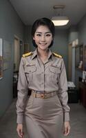 asiatisch Frau thailändisch Lehrer beim Schule im khaki passen Uniform, generativ ai foto