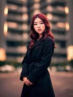 schön asiatisch Frau beim draussen Gebäude, generativ ai foto