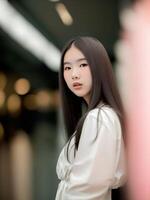 schön Teenager asiatisch Frau Buchung zum Bild beim das Einkaufszentrum, generativ Kunst durch ai foto