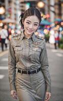 schön asiatisch Thailand Polizei Frau beim Straße, generativ ai foto