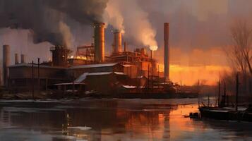 ein industriell Seite? ˅ beim Sonnenuntergang mit Wasser und Rauch. Foto Das zeichnet Beachtung zu Luft Verschmutzung. generativ ai