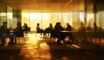 ein verschwommen Bild von Geschäft Menschen im ein Büro, Silhouette Zahlen. generativ ai foto