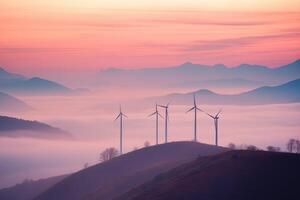 Wind Turbinen im das Berge beim Sonnenuntergang. generativ ai foto