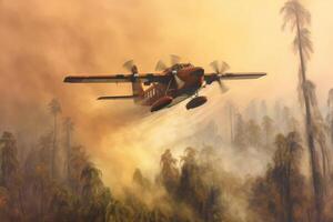 ein Feuer Flugzeug Gießen Wasser zu stellen aus ein Wald auf Feuer. generativ ai foto