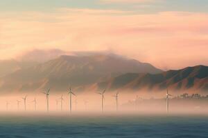 Wind Turbinen im das Berge beim Sonnenuntergang. generativ ai foto