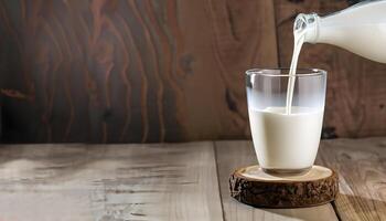 Milch ist gegossen in ein Glas Tasse von ein Flasche. Welt Milch Tag Konzept. generativ ai. foto