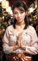 asiatisch Frau tun sawasdee oder Gebet Pose beim das Markt, generativ ai foto