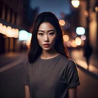 schön asiatisch Frau beim das Straße, generativ Kunst durch aibeautiful asiatisch Frau beim das Straße, generativ Kunst durch ai foto