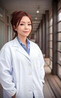 asiatisch Frau Forscher Wissenschaftler tragen Labor Mantel, generativ ai foto