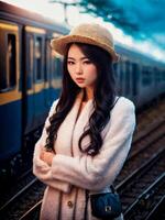 schön asiatisch Frau beim Hallo Geschwindigkeit Zug Bahnhof, generativ ai foto