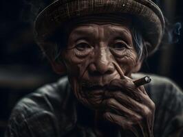 Großvater raucht, alt Farmer raucht traditionell Tabak, ai generiert foto