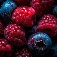 frisch Himbeeren Füllung voll Rahmen wenig Wassertropfen auf das Himbeeren Fachmann Fotografie ai generiert foto