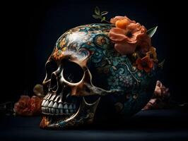 Mensch Schädel zum glücklich Halloween lächelnd Schädel Blumen- Design auf Schädel foto