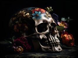 Mensch Schädel zum glücklich Halloween lächelnd Schädel Blumen- Design auf Schädel foto
