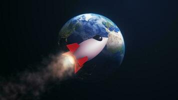 3d machen Rakete Jet und groß Blau Erde Planet Hintergrund auf Galaxis Raum Star Feld 3d Illustration foto