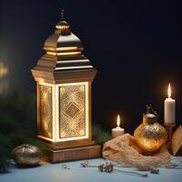 eid al-adha königlich marokkanisch Lampe golden 3d Hintergrund Foto ai generiert