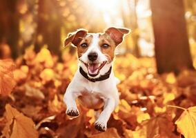 ai generativ. Hund Jack Russell Terrier läuft im Herbst Blätter foto