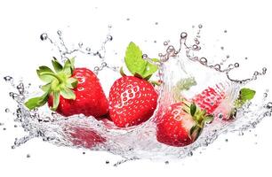 ai generativ. frisch Erdbeeren mit Wasser Spritzen foto