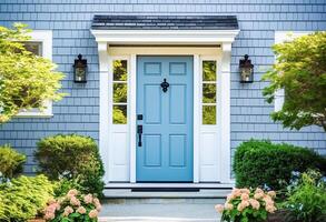 ai generativ. ein Vorderseite Eingang von ein Zuhause mit ein Blau Tür foto