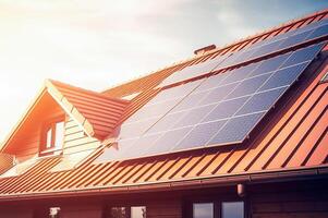 ai generativ. Solar- Paneele Eingerichtet und im verwenden auf Dach von Zuhause foto