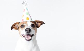 ai generativ. Hündchen Jack Russell im Geburtstag Hut auf ein Weiß Hintergrund. foto