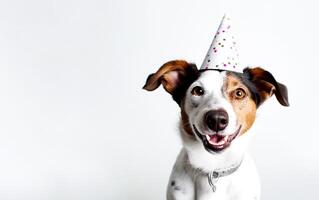 ai generativ. Hündchen Jack Russell im Geburtstag Hut auf ein Weiß Hintergrund. foto