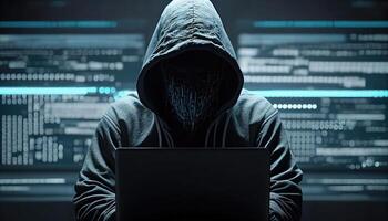 Cyberkriminalität Konzept. Hacker im ein dunkel Maske. foto
