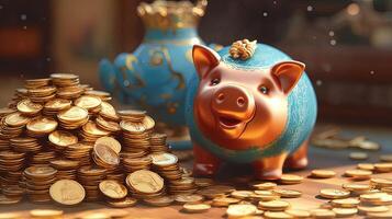 ein süß Blau Schweinchen Bank mit groß Topf und Stapel von golden Münzen beim glänzend uralt Zimmer. Schatz oder Speichern Geld zum sichern Zukunft. generativ ai. foto