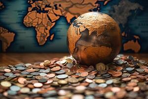 ein Welt Globus ruhen auf Stapel von gemischt bunt glänzend Münzen Illustration. generativ ai. foto
