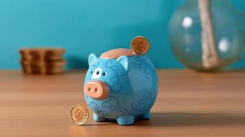 ein süß Schweinchen Bank mit golden Münzen und Glas eingetopft auf braun und Türkis Hintergrund. generativ ai. foto