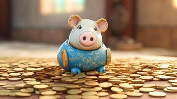 ein Blau japanisch Schweinchen sitzt auf golden Münzen beim glänzend Zimmer. generativ ai. foto