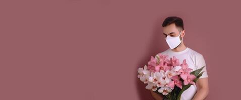 Porträt von jung Mann tragen Maske und halten Orchidee Strauß, Banner Design mit Kopieren Raum. generativ ai. foto