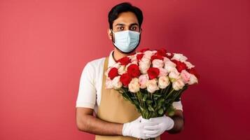 abgeschnitten Bild von männlich Florist tragen Maske und halten Rosen Strauß auf rot Hintergrund. generativ ai. foto