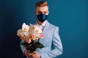 abgeschnitten Bild von Russisch Mann im formal passen und halten Blumen Strauß auf Blau Hintergrund. generativ ai. foto