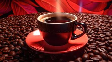 ein rauchig Tasse von Kaffee mit Untertasse, Saat übersät rot Blätter Hintergrund. generativ ai. foto