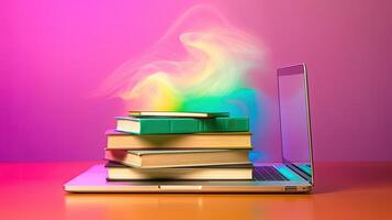 Stapel von Bücher mit ein Laptop auf beschwingt Farben abstrakt Hintergrund. online Studie Konzept. generativ ai Technologie. foto
