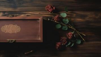 Nahansicht von hölzern Geschenk Box mit getrocknet Rosen auf braun rustikal Tabelle oben. generativ ai. foto