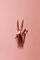 Mensch Hand Herstellung ein Frieden Zeichen auf Pastell- rot Hintergrund, generativ ai. foto